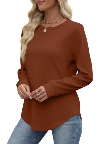 WIHOLL Sweatshirt for Women Crewneck Long Sleeve Shirts Curved Hem Lightweight Sweaters Fall Clothes 2025 - color: Caramel, size: Medium