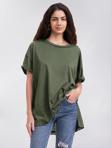 EXLURA Womens Summer Oversized T Shirts 2026 Casual Short Sleeve Loose Maternity Tops Crewneck Tunic Plus Gym Workout Top - color: Army Green, size: Small