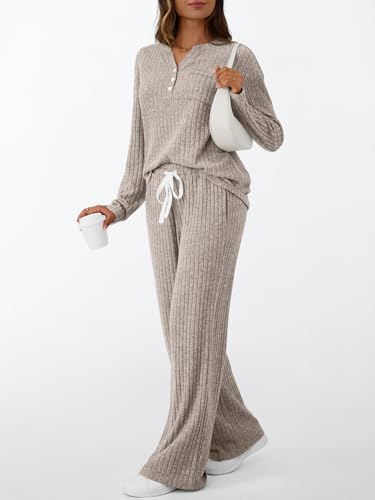 LILLUSORY Women's 2 Piece Matching Lounge Sets 2026 Trendy Fall Outfits - color: Camel, size: Small
