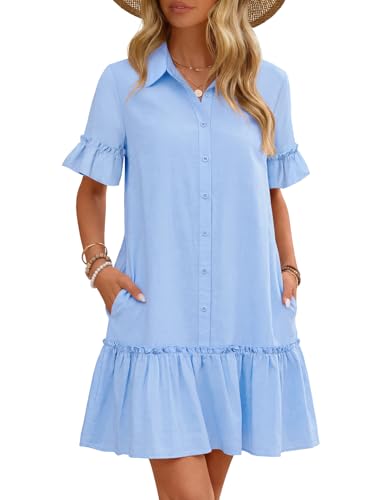 MEROKEETY Women's Summer Casual Tshirt Dress Button Down Shift Mini Dresses - color: Blue, size: Medium