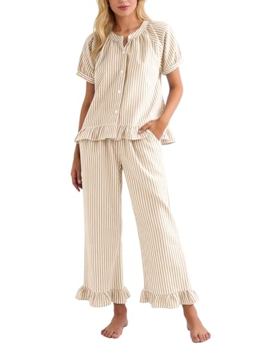 Flygo Womens Striped Pajama Sets Cotton 2 Piece Ruffle Lounge Pjs - color: Khaki, size: Large