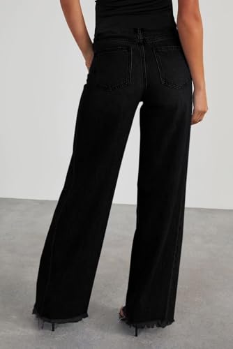BLENCOT Women Maternity Jeans Bootcut Straight Leg Stretchy Denim Pants - color: Dark Black, size: Medium