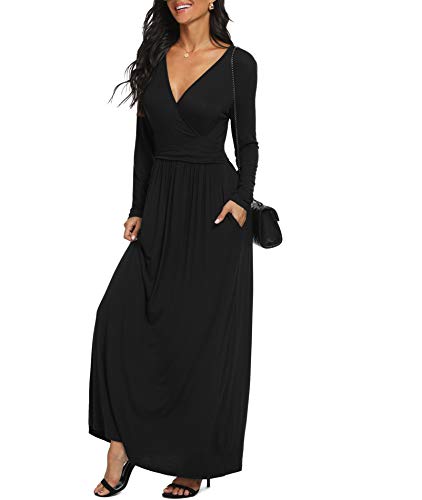 LILBETTER Women Long Sleeve Deep V Neck Loose Plain Long Maxi Casual Dress - color: Black, size: Large