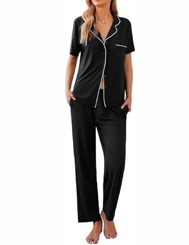 Ekouaer Womens Pajamas Set Short Sleeve Button Down Top & Pants Lounge Pjs - color: Black, size: Small