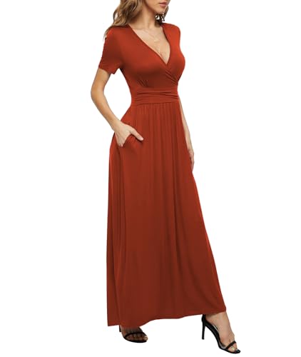 LILBETTER Women's Summer Short Sleeves Dress Wrap Waist Maxi Dresses with Pockets - color: Caramel, size: Medium