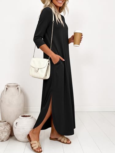 ANRABESS Women’s Air Layer 3/4 Sleeve Fall Maxi Dress & Pockets - color: Black, size: Small