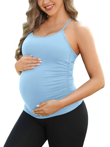 ATTRACO Women's Maternity Tank Tops with Built in Bra Pregnancy Tank - color: Light Blue, size: Medium