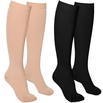 2 Pairs 20-30mmHg Knee High Compression Socks for Women,Closed Toe - color: Beige & Black, size: Medium