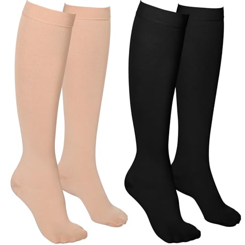 2 Pairs 20-30mmHg Knee High Compression Socks for Women,Closed Toe - color: Beige & Black, size: 3X-Large