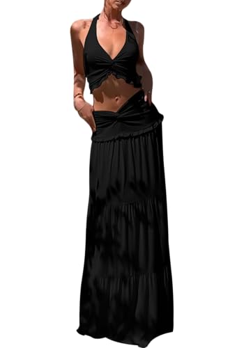 Famnbro Womens 2 Piece Skirt Sets Y2k Halter Top Flowy Ruffle Maxi Skirts - color: Black, size: Medium