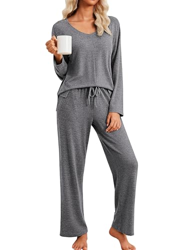 Ekouaer Fall Pajamas for Women Set Long Sleeve V Neck 2 Piece Lounge Sets - color: Grey, size: Medium