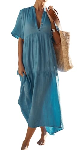 R.Vivimos Womens Summer Cotton Casual Flowy Maxi Dress - color: Blue, size: Large