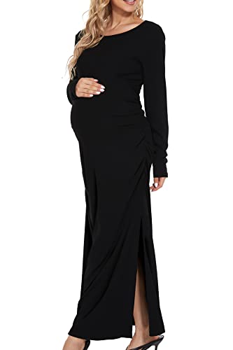 Smallshow Women's Ruched Long Sleeve Split Maternity Dress - color: Black, size: XX-Large