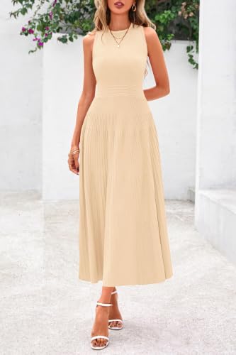 PRETTYGARDEN Women's Summer Pleated Midi Work Dress - color: Apricot, size: Small