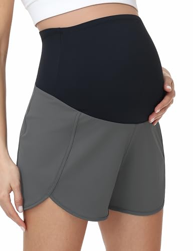 Foucome Womens 2 in 1 Maternity Athletic Shorts with Zipper Pocket - color: Grey, size: Large