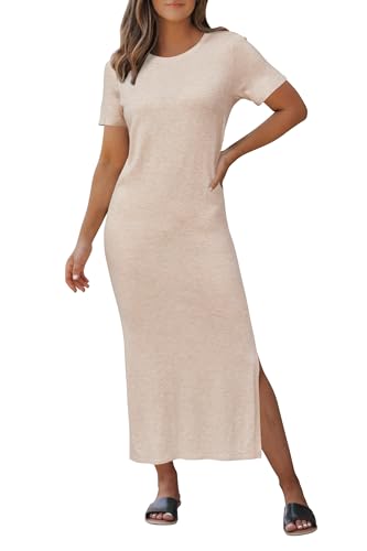 Arach&Cloz Women's Wool Blend Fall Business Casual T Shirts Maxi Dress - color: Apricot, size: Small