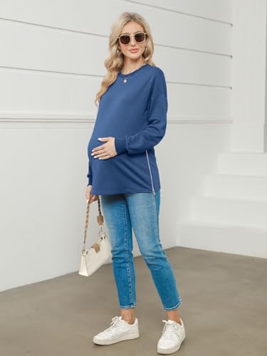 Women's Maternity Shirts Long Sleeve Sweatshirt Zipper Split Side Pregnancy Casual Tunic Top - color: Navy Blue, size: Medium