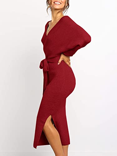 Womens Maxi Sweater Dress Long Sleeve Batwing Wrap V Neck Fall Dresses - color: 1-burgundy, size: Small