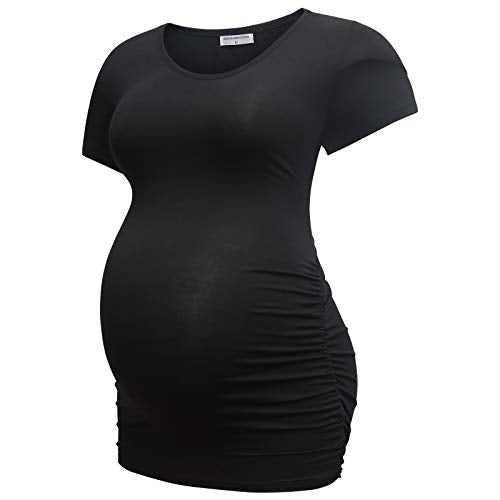 Bearsland Womens Maternity Tshirt 3 Packs Classic Side Ruched Tee Top Mama Pregnancy Clothes - color: Black+lightgray+pink(3pcs), size: X-Large