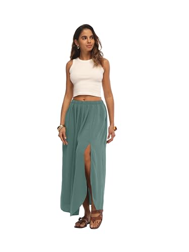 HiMONE Womens Maxi Skirt High Waisted Flowy A Line with Side Slit - color: Aqua Sea, size: XX-Large