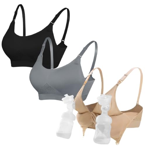 4HOW Pumping Bra Hands Free Nursing Pumping Bra All in One Wireless Padded Maternity Bralette for Large Bust - color: Black+beige+grey, size: X-Large