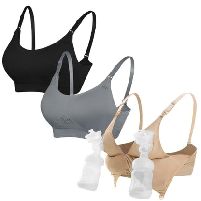 4HOW Pumping Bra Hands Free Nursing Pumping Bra All in One Wireless Padded Maternity Bralette for Large Bust - color: Black+beige+grey, size: X-Large