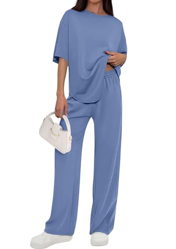 PRETTYGARDEN 2 Piece Lounge Sets Women Airport Travel Outfit - color: Dusty Blue, size: X-Large