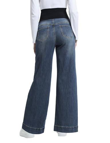 Maternity Jeans Wide Leg Loose Pregnancy Denim Pants - color: Dark Blue, size: XX-Large
