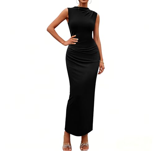 Bluetime Women's Ruched Bodycon Maxi Dresses Sleeveless Slim Fit Summer Dress Elegant Cocktail Slit Wedding Guest Dress - color: Black, size: Small