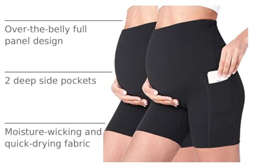 POSHDIVAH Maternity Biker Shorts Over the Belly with Pockets 5"/8" - color: 2pcs Black, size: Medium
