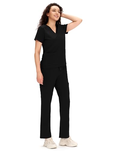COZYFIT Scrubs for Women - V Neck Top & Cargo Straight Pants 12 Pockets - color: Black, size: Small
