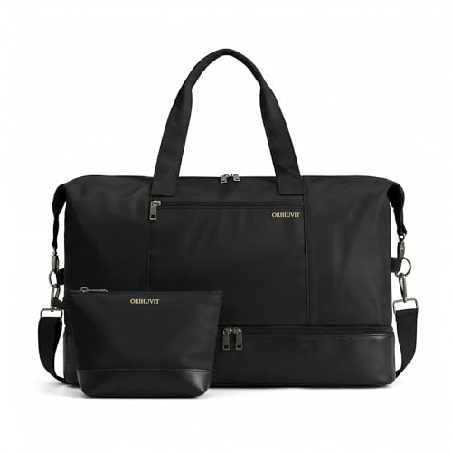 Oeihuivt Weekender Bags for Women with 3 Extra Pack - 21 Inch Large Travel Duffel Bag Set with Shoe Compartment, Heavy-Duty nylon Carry On Overnight Tote - color: Black-C