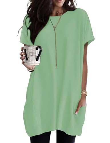 Poetsky Summer Womens Tunic Tops for Leggings with Pockets Short Sleeve Casual Long T Shirts S-3XL - color: Bright Green, size: Small