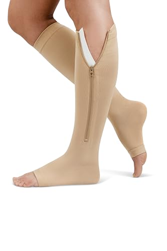 Open Toe Zipper 20-30mmHg Graduated Compression Socks for Men Women Stocking - color: Beige, size: Small-Medium