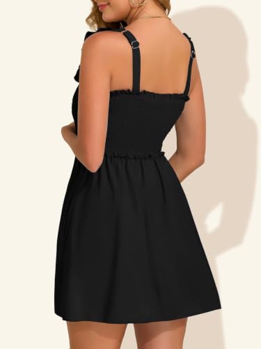 Summer Mae Smocked Maternity Swim Dress Ruffle A-Line with Pockets - color: Black, size: 12