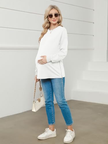 Women's Maternity Shirts Long Sleeve Sweatshirt Zipper Split Side Pregnancy Casual Tunic Top - color: Off-white, size: XX-Large