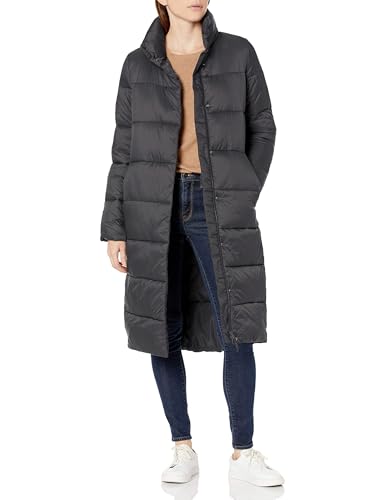 Amazon Essentials Women's Lightweight Full-Zip Water-Resistant Long Cocoon Puffer Winter Coat, Stand Collar, Insulated - color: Charcoal, size: Medium