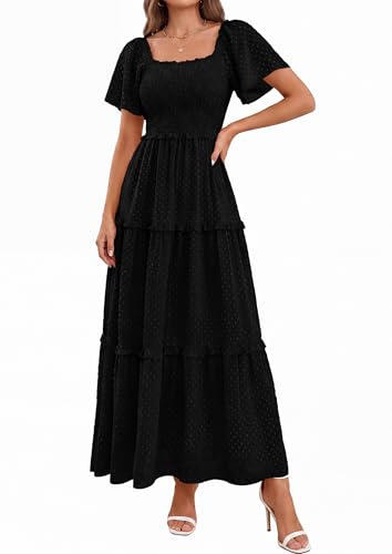 PRETTYGARDEN Womens Summer Dresses Boho Maxi Swiss Dot Dress - color: Black, size: X-Large