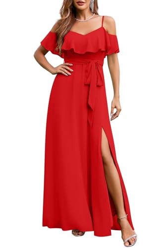 Formal Dresses Off the Shoulder Chiffon A-Line Long Dress Split Women - color: Red, size: Large
