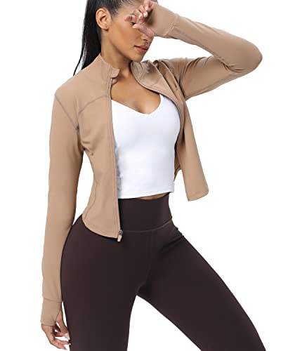 AVGO Women's Cropped Running Workout Jackets Zip Slim Fit Athletic Tops with Thumb Holes - color: Cream Coffee, size: Small