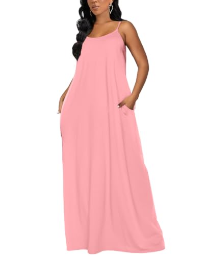 OFEEFAN Women's Maxi Dresses Summer Spaghetti Strap Dress with Pockets - color: Ab- Pink, size: 3X-Large