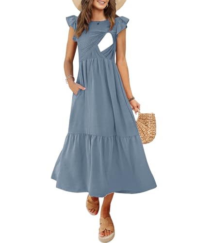 CzzzyL Women's Nursing Dress Flutter Sleeve Crew Neck Smocked Midi Pockets - color: Blue, size: Medium