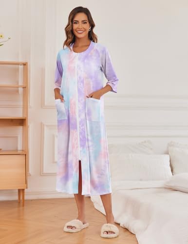 Ekouaer Robes For Women Zipper Front 3/4 Sleeve Housecoats with Pockets - color: Blue Tie Dye, size: Medium