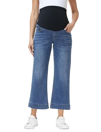 Foucome Women's Maternity Jeans Wide Leg Pregnancy Capris - color: Dark Blue, size: Medium