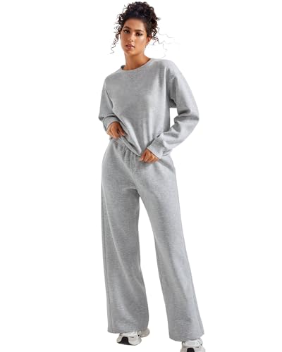 SUUKSESS Women 2 Piece Outfits Fall Oversized Sweatshirt Wide Leg Pants - color: Grey, size: Large