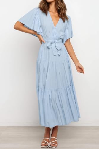 R.Vivimos Womens Summer Casual Ruffle A-Line Midi Dress - color: Skyblue-shortsleeve, size: Medium