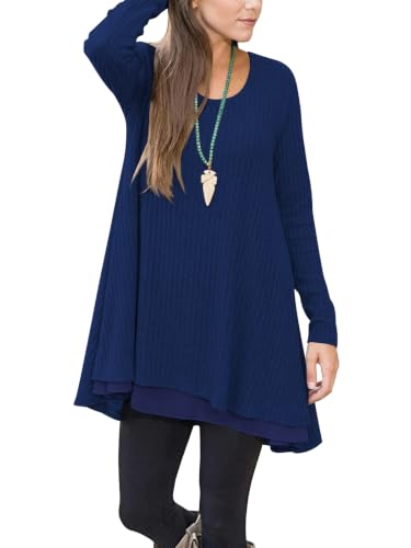 Poetsky Womens Long Sleeve Tunic Tops Fall Long Shirts Sweater with Pockets - color: Blue, size: Small