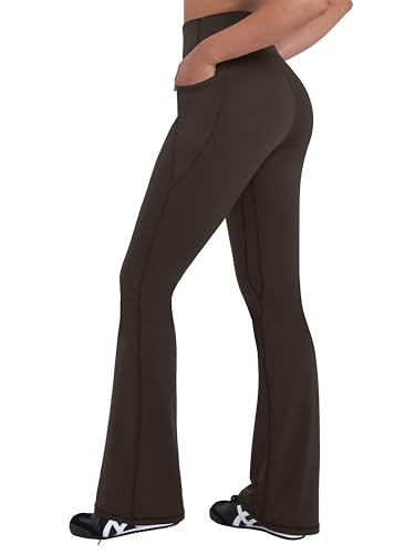 Sunzel Women Mini Flare Leggings with Pockets Breathable Bootcut Yoga Pants - color: Seal Brown, size: Medium