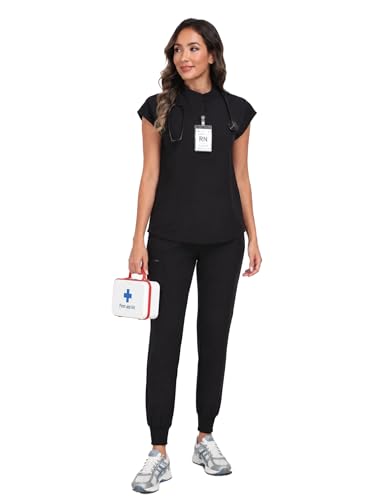 VECARDI Womens Scrub Top Zip Front Dolman Sleeves with Pockets - color: Black, size: X-Large