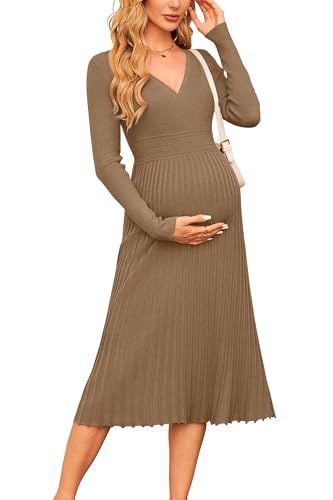 OUGES Women's Fall Maternity Dress for Photoshoot Long Sleeve Wrap V Neck Pleated Baby Shower Sweater Midi Dresses 2026 - color: Camel, size: Large